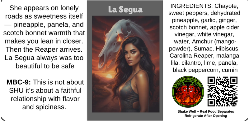 La Segua — poster-art label. Her ingredient list calls out amchur (mango powder) by its full name.
